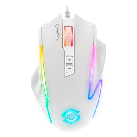 Weiße Gaming-Maus mit farbigen LEDs und Speedlink-Schriftzug. Das Mausrad und Logo leuchten.