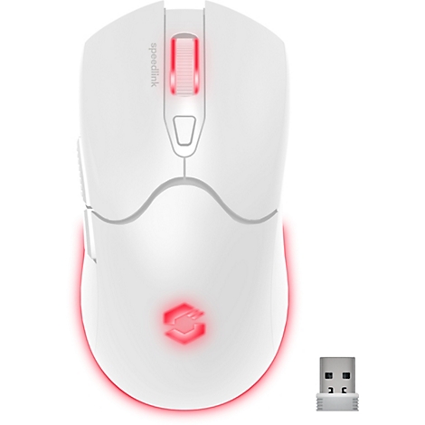 Weiße Gaming-Maus mit roter Beleuchtung und USB-Empfänger.