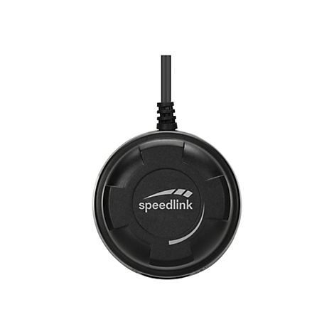 Rundes, schwarzes Speedlink-Gerät mit Kabelanschluss. Auf der Oberfläche Schriftzug "speedlink" und Logo.