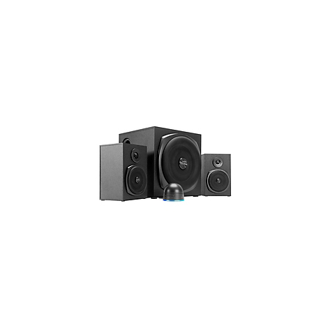 Schwarzes Lautsprechersystem mit Subwoofer, zwei Satellitenlautsprechern und einem Bedienmodul.