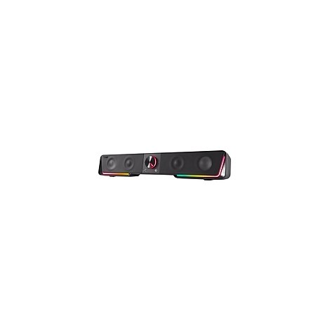 Schwarze Soundbar mit bunten LEDs an den Seiten. In der Mitte befindet sich ein Drehregler mit rotem Akzent und Anschlüssen.