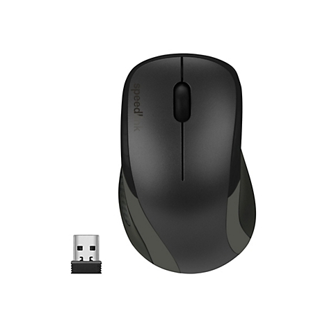 Souris sans fil, noire avec récepteur USB. Le mot Speedlink est sur la souris.