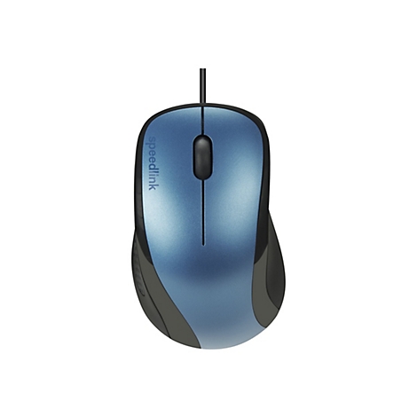 Blaue kabelgebundene Speedlink-Maus mit schwarzem Mausrad auf weißem Hintergrund.