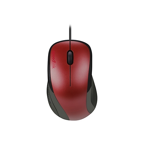 Draufsicht auf eine rot-schwarze kabelgebundene Computermaus mit Speedlink-Logo vor weißem Hintergrund.