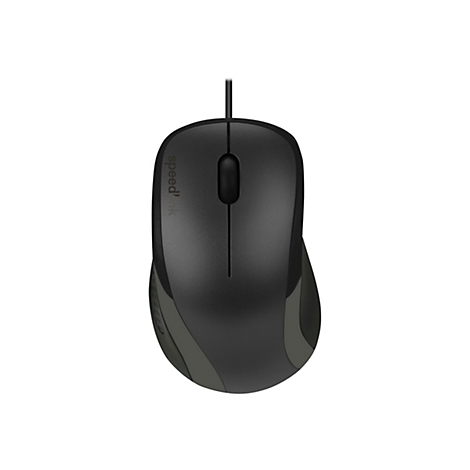 Schwarze kabelgebundene Speedlink-Computermaus mit mittigem Mausrad vor weißem Hintergrund.