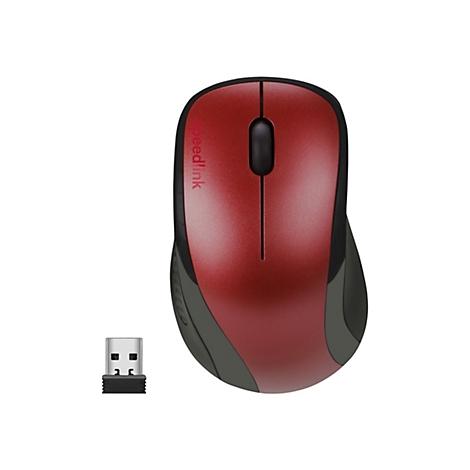 Drahtlose, rote Speedlink-Computermaus mit USB-Empfänger auf weißem Hintergrund.