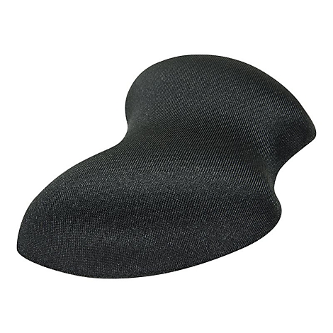 Schwarzes, gepolstertes Objekt mit geschwungenen Formen, das wie eine Kopfstütze wirkt.