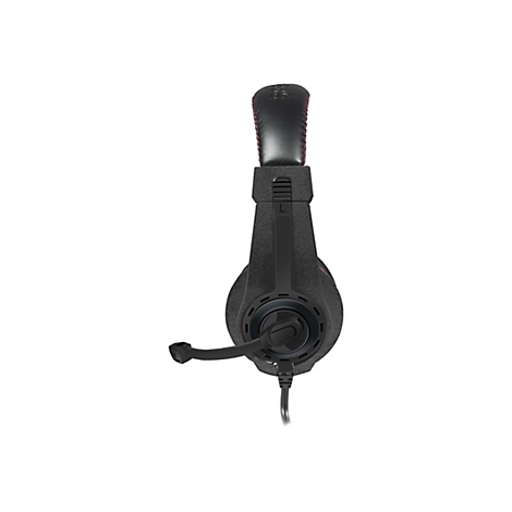 Schwarzes Gaming-Headset mit roter Ziernaht am Kopfbügel, seitliche Ansicht mit ausklappbarem Mikrofon.