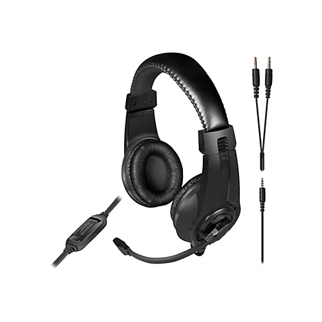 Schwarzes Speedlink Gaming-Headset mit Kabelfernbedienung und abnehmbarem Adapter vor weißem Hintergrund.