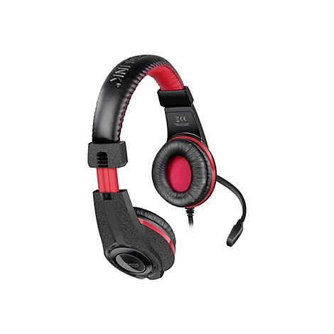 Schwarz-rotes Gaming-Headset mit gepolstertem Bügel und Mikrofonarm vor weißem Hintergrund.