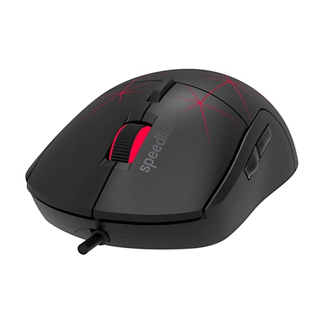 Schwarze kabelgebundene Gaming-Maus mit roter Beleuchtung und Speedlink-Schriftzug vor weißem Hintergrund.