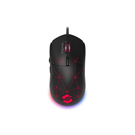 Schwarze kabelgebundene Gaming-Maus mit rotem Linienmuster und leuchtendem Logo vor weißem Hintergrund.