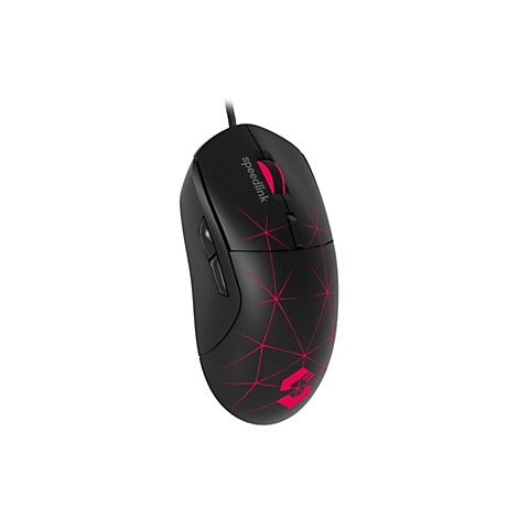 Schwarze Gaming-Maus mit pinkem Netzmuster, beleuchtetem Scrollrad und Speedlink-Logo.
