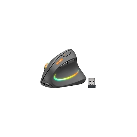Ergonomische, graue Maus mit seitlichen Tasten und RGB-Beleuchtung. Ein USB-Empfänger liegt daneben.