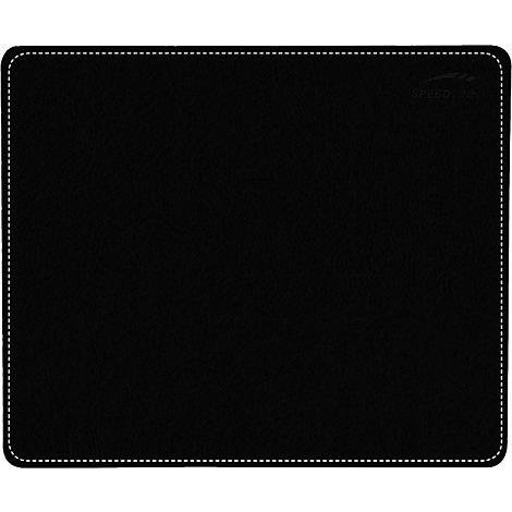 Schwarzes Mauspad mit weißer Naht und Logo in der oberen rechten Ecke.