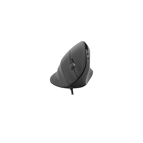Ergonomische Maus in Grau, Seitenansicht, mit Kabel.