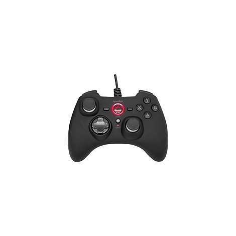 Schwarzer Gamecontroller mit roter LED-Beleuchtung. Das Speedlink-Logo ist zu sehen.