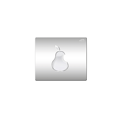 Surface argentée avec un logo brillant en forme de poire ressemblant à une pomme croquée.