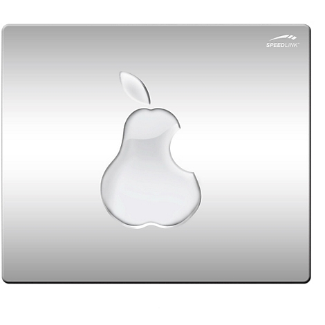 Tapis de souris gris avec une forme de poire rappelant le logo Apple. Le nom de la marque Speedlink est visible en haut à droite.