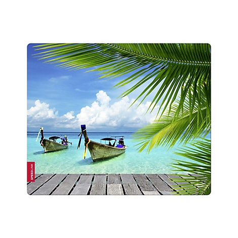 Zwei Langboote im türkisfarbenen Wasser unter Palmen und blauem Himmel mit Wolken. Auf einem Holzsteg steht der Schriftzug SPEEDLINK.