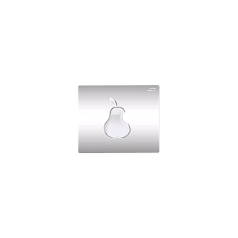 Rechteckige, silberne WC-Betätigungsplatte mit einem Birnen-Symbol in der Mitte und dem Logo von Schell.
