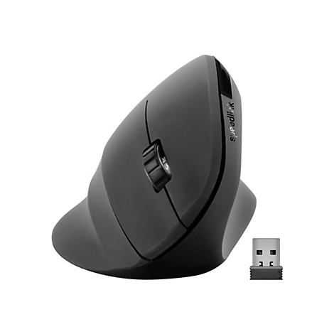 Souris verticale noire avec logo Speedlink et dongle USB sur fond blanc.