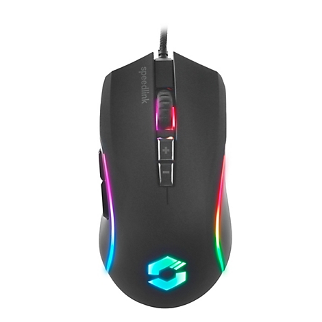 Souris de jeu noire avec lumières colorées, logo et câble. Haut : Speedlink. Boutons pour le volume et les DPI.