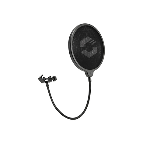 Un filtre anti-pop noir pour microphone avec logo, col de cygne et pince.