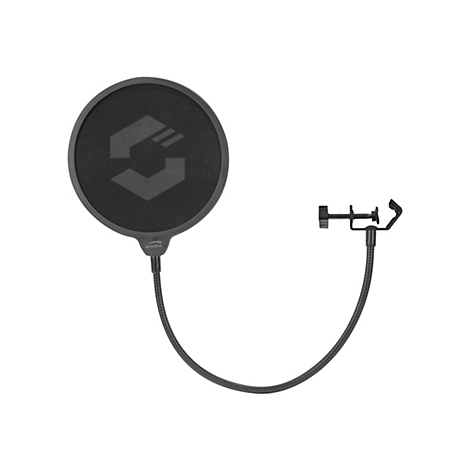 Filtre anti-pop noir pour microphones avec logo Speedlink. Filtre rond et bras flexible. Sur fond blanc.