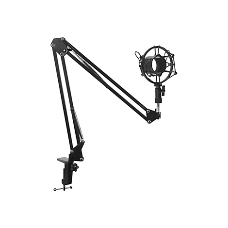 Bras de microphone noir avec support de microphone sur fond blanc. Le bras est en métal et comporte des ressorts pour la flexibilité.