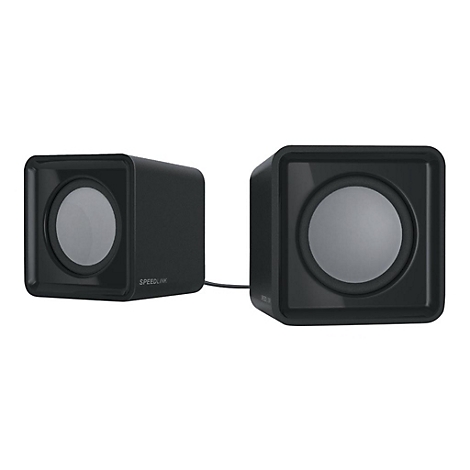 Deux enceintes carrées noires avec des membranes de haut-parleur rondes, reliées par un câble. SPEEDLINK est écrit sur une enceinte.