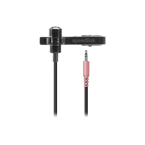 Schwarzes Speedlink Ansteckmikrofon mit Klemme und rosa 3,5-mm-Klinkenstecker vor weißem Hintergrund.