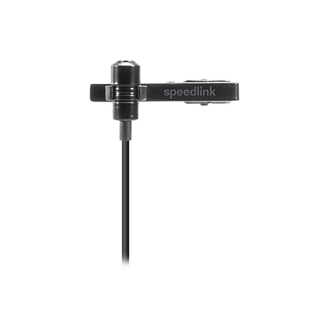 Schwarzes Speedlink Ansteckmikrofon mit Clip vor weißem Hintergrund.