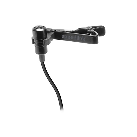 Schwarzes Speedlink Ansteckmikrofon mit Clip und Kabel vor weißem Hintergrund.