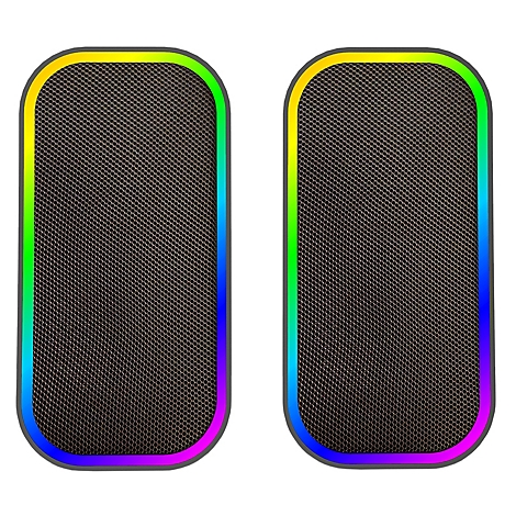 Deux haut-parleurs rectangulaires aux coins arrondis. Grille noire et bord coloré avec dégradé de bleu, vert, jaune et violet.