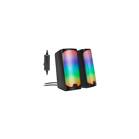 Zwei schwarze Lautsprecher mit Farbverlauf-LEDs, links mit Kabel und Lautstärkeregler.
