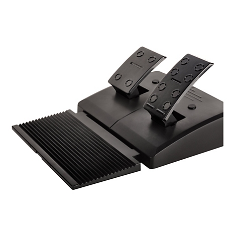 Schwarzes PC-Lenkrad-Pedal. Zwei Pedale und eine geriffelte Fussstütze. Auf weißem Hintergrund.