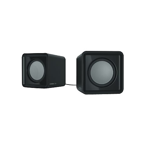 Zwei schwarze, quadratische Lautsprecher mit grauen Lautsprechermembranen. Ein Kabel verbindet beide.