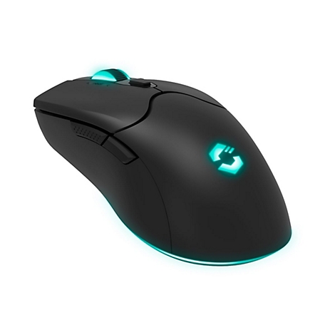 Schwarze kabellose Gaming-Maus mit türkiser RGB-Beleuchtung am Logo, Mausrad und an der Unterseite.