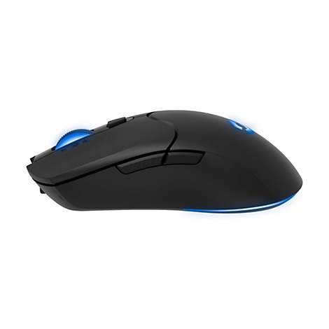 Schwarze kabellose Gaming-Maus mit blauer LED-Beleuchtung vor weißem Hintergrund.