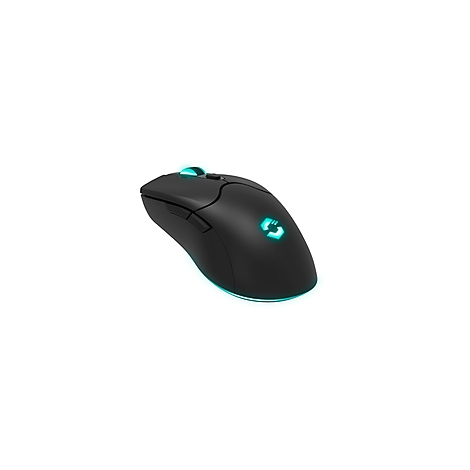 Schwarze Gaming-Maus mit blauer Beleuchtung, Seitenknöpfen und leuchtendem Logo.
