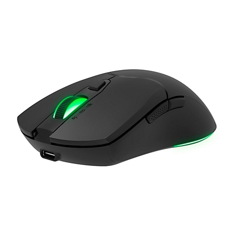 Schwarze Gaming-Maus von Speedlink mit leuchtend grünem Scrollrad und LED-Akzent vor weißem Hintergrund.