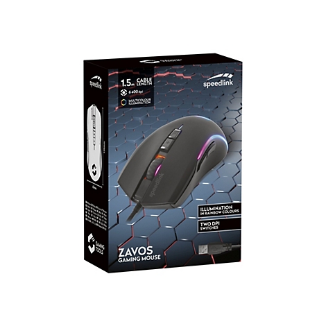 Schwarz-graue Gaming-Maus in einer Verpackung. Aufdrucke: Geschwindigkeit, 1,5 m Kabellänge, 6400 dpi, mehrfarbige Beleuchtung, ZAVOS Gaming Mouse. Die Maus leuchtet in Regenbogenfarben.