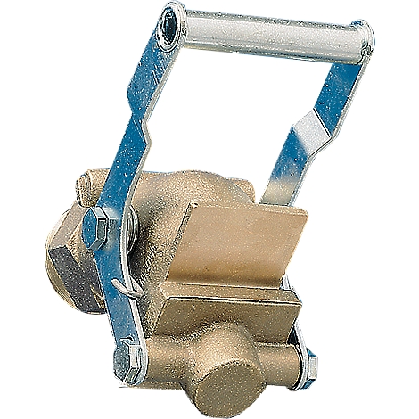 Metal valve with lever. The lever and brackets are silver, the valve is gold.