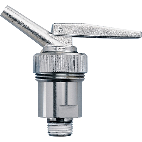 Close-up of a silver tap. It has a lever and an angled spout.