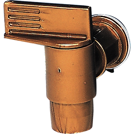Close-up of a bronze-colored faucet with a three-section lever and hexagonal connector.