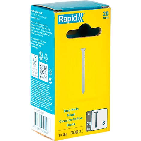 Gele nageldoos met de merknaam Rapid. Een spijker is zichtbaar door de opening van de doos. Gedrukte teksten.