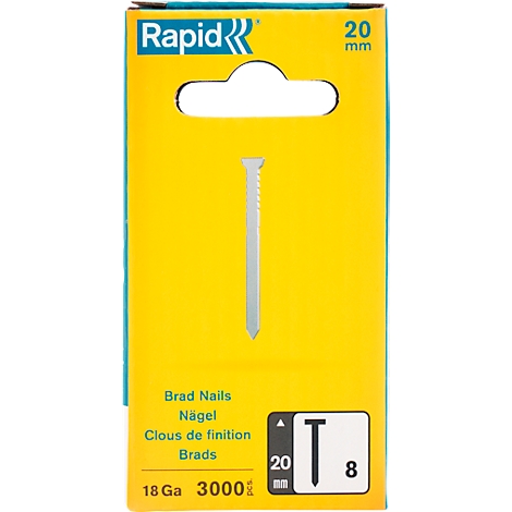 Gele verpakking met "Rapid" logo en informatie over Brad Nails.