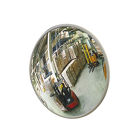 Ronde veiligheidsspiegel die een magazijn, twee vorkheftrucks en pallets met goederen toont.