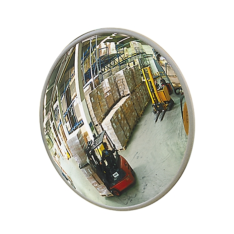 Bolle spiegel in een magazijn, zicht op vorkheftrucks en pallets